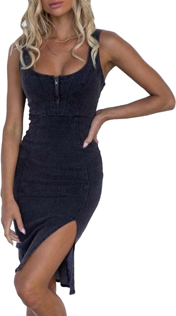 Women's Sleeveless Bodycon Denim Tank Dress Scoop Neck Zip Up Side Slit Stretchy Wrap Club Party Jean Midi Dresses