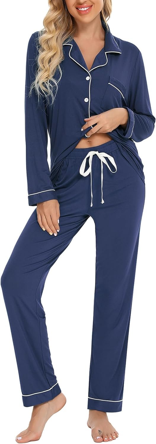 Pajamas Set Long Sleeve Womens Button Down Sleepwear Two Piece Nightwear Soft Pj Lounge Sets S-XXL