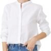 Women's Mandarin Collar Button-Down Shirts Casual Cotton Linen Long Sleeve Blouses
