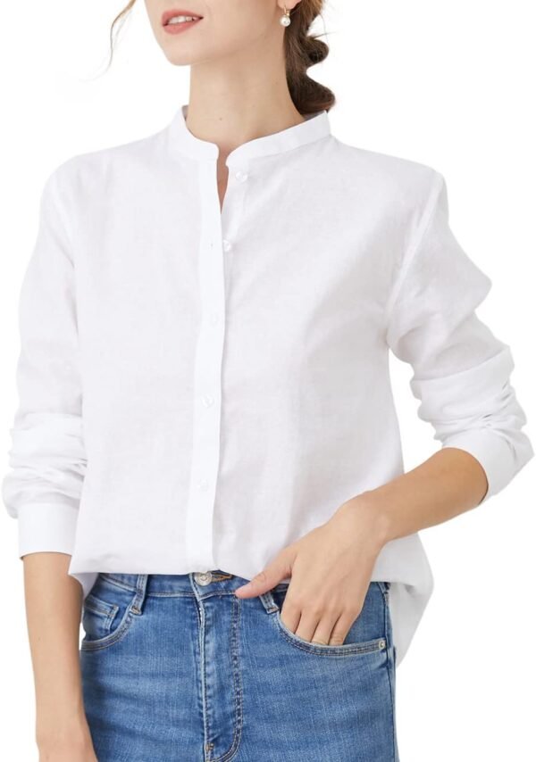 Women's Mandarin Collar Button-Down Shirts Casual Cotton Linen Long Sleeve Blouses