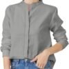 Women's Mandarin Collar Button-Down Shirts Casual Cotton Linen Long Sleeve Blouses