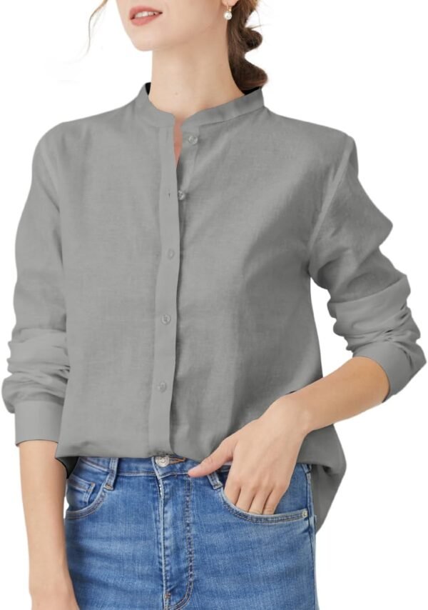 Women's Mandarin Collar Button-Down Shirts Casual Cotton Linen Long Sleeve Blouses