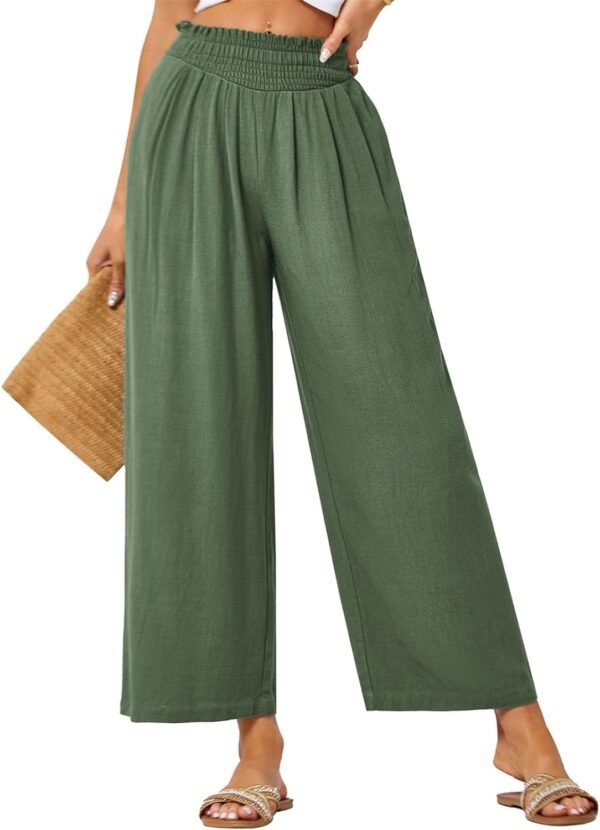 JASAMBAC Women's Capri Linen Wide Leg Pants Summer Boho Wide Leg Pants Smocked High-Rise Waist Casual Beach Pants with Pocket