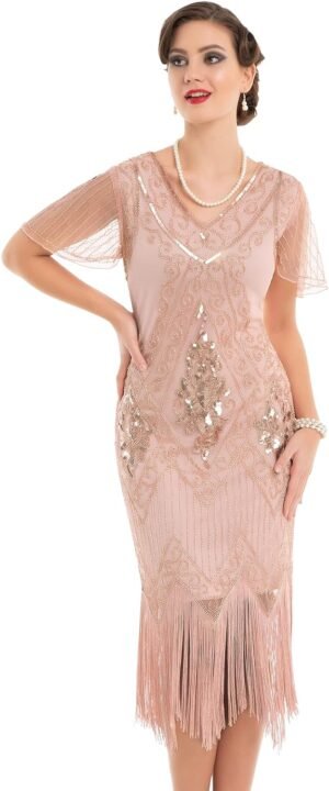 Women's 1920s Dress Sequin Art Deco Flapper Dress with Sleeve