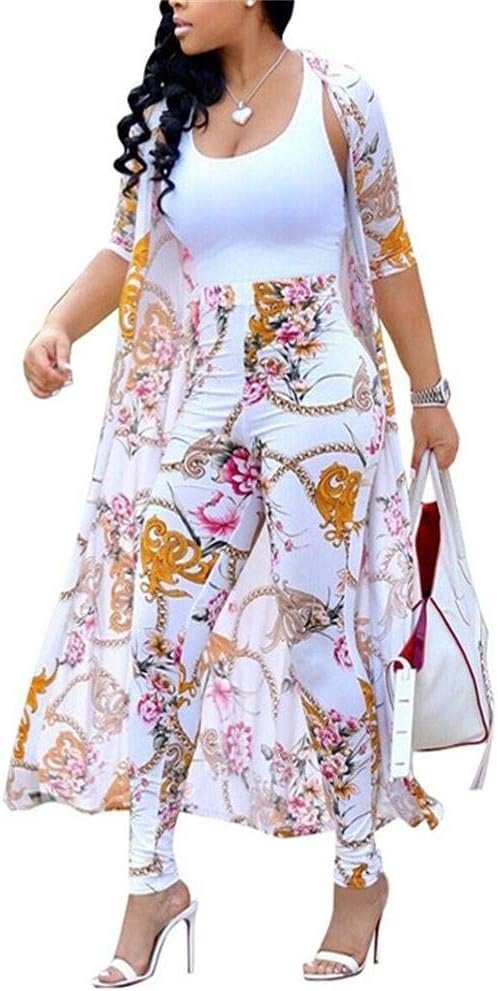 Womens Floral Print Long Sleeve Cardigan Cover up Long Pants 2 Piece Outfits Set