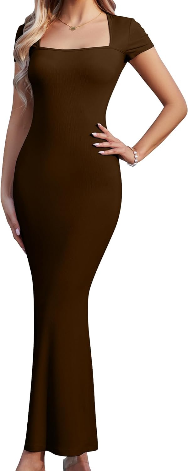 Women's Summer Casual Bodycon Maxi Dress Square Neck Short Sleeve Ribbed Dresses Cocktail Long Dress
