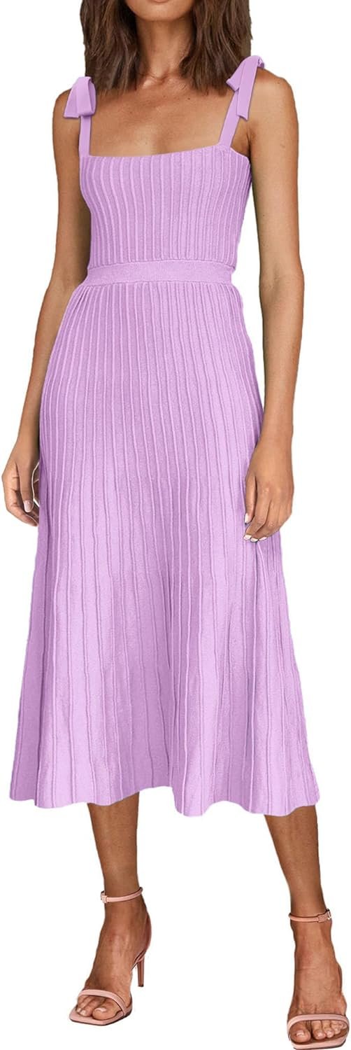 Women's 2024 Summer Maxi Dresses Tie Spaghetti Strap Square Neck Ribbed Knit Dress
