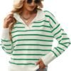 Women's Lightweight Striped Loose Sweater Polo V Neck Knitted Lapel Shirt Casual Color Block Top with Cream Background