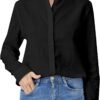 Women's Mandarin Collar Button-Down Shirts Casual Cotton Linen Long Sleeve Blouses