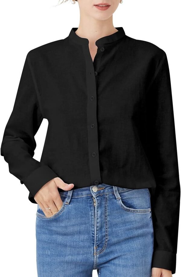 Women's Mandarin Collar Button-Down Shirts Casual Cotton Linen Long Sleeve Blouses