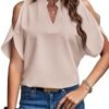 Women's Cold Shoulder Tops Summer Fashion Short Sleeve V Neck Casual Loose Solid Color Blouse Shirts