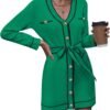 Pink Queen Women's V Neck Long Sleeve Mini Dress Elegant Button Down Open Front Color Block Knit Sweater Cardiagns with Belt