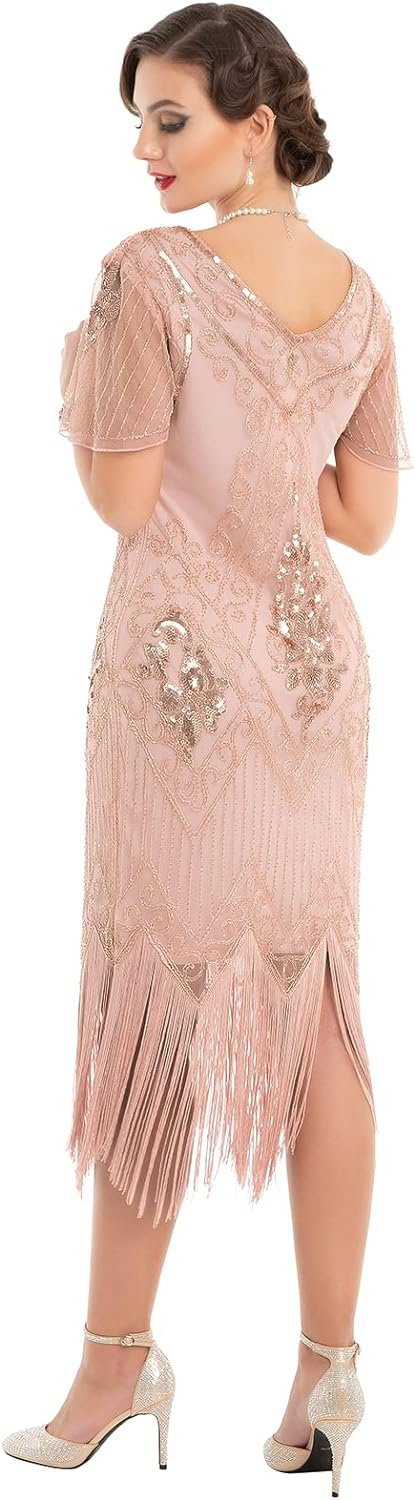 Women's 1920s Dress Sequin Art Deco Flapper Dress with Sleeve