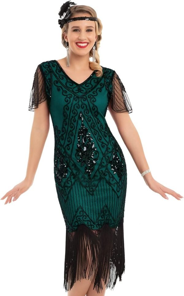 Women's 1920s Dress Sequin Art Deco Flapper Dress with Sleeve