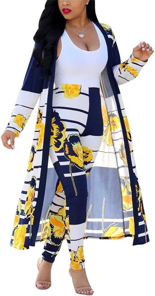 Womens Floral Print Long Sleeve Cardigan Cover up Long Pants 2 Piece Outfits Set