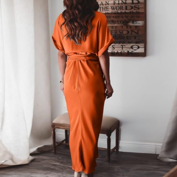 Women's Short Sleeve Satin Dress Button Down with Belt Maxi Shirt Dresses