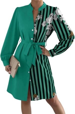 Womens Button Down Shirt Dresses with Belt Button Up Tunics Long Sleeve Blouse Tops