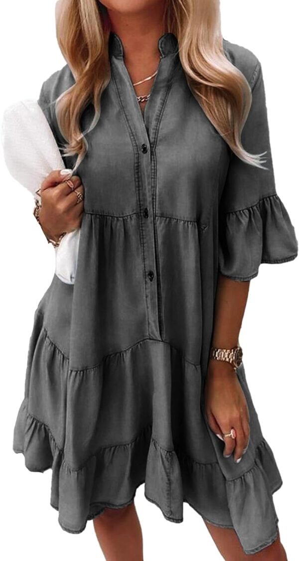 61lnKGXi0kL._AC_SL1500.jpg Women Denim Dresses Casual V Neck Ruffle Short Sleeve Jean Dress Summer Babydoll Dress 2024