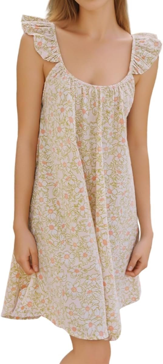 61mwC3pKJSL._AC_SL1200.jpg Womens Ruffle Nightgown Cotton Sleeveless Nightdress Soft Printed Night gown with Pockets