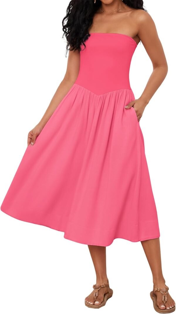 Women Off Shoulder Midi Dress Strapless Sleeveless Drop-Waist A Line Tube Dress Trendy Summer Swing Patchwork Dress