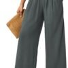 JASAMBAC Women's Capri Linen Wide Leg Pants Summer Boho Wide Leg Pants Smocked High-Rise Waist Casual Beach Pants with Pocket