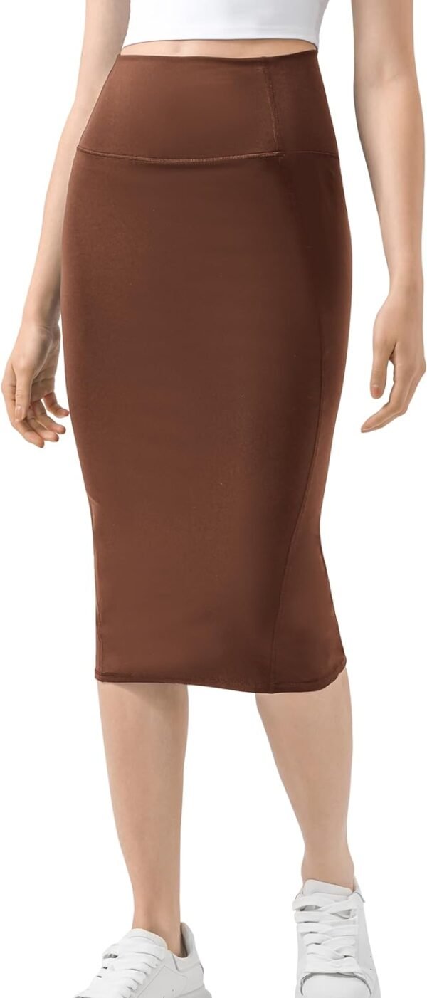 Women Office Work Pencil Skirts Stretchy High Waist Tummy Control Nylon Midi Bodycon Skirts Below Knee Back Slit