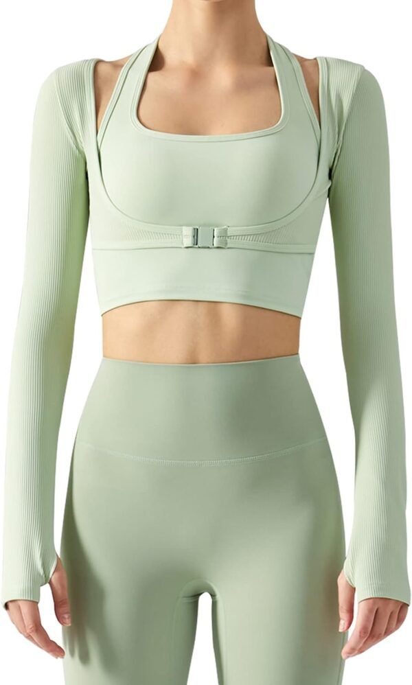 Women's Stretch Cutout Yoga Sports Jacket Long Sleeve Crop Top T Shirts with Thumb Holes