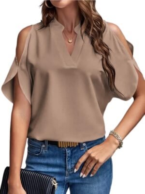 Women's Cold Shoulder Tops Summer Fashion Short Sleeve V Neck Casual Loose Solid Color Blouse Shirts