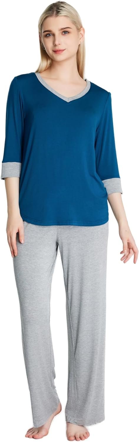 Loungewear Set pajamas Womens sleepwear Bamboo Viscose Capri Sleeve t shirt Long Pants Super Soft Novelty Pjs Set