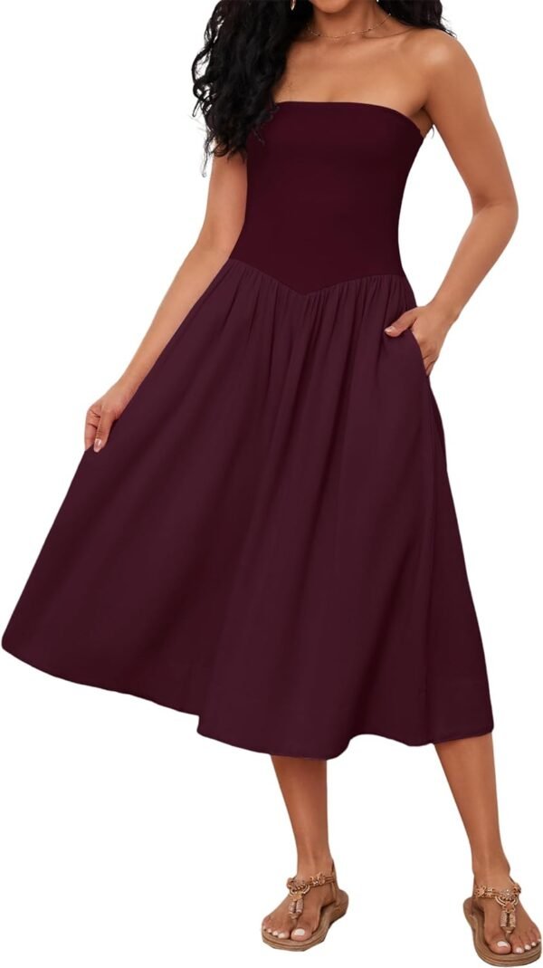 Women Off Shoulder Midi Dress Strapless Sleeveless Drop-Waist A Line Tube Dress Trendy Summer Swing Patchwork Dress