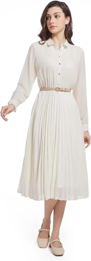 Business Casual Shirt Dress for Women Long Sleeves Pleated Midi Dresses with Belt