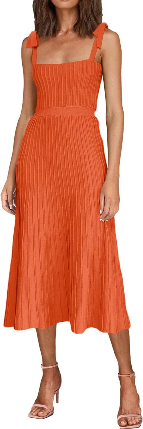 Women's 2024 Summer Maxi Dresses Tie Spaghetti Strap Square Neck Ribbed Knit Dress