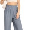 Women's Casual Striped High Waisted Wide Leg Pants Elastic Waist Loose Fit Trousers