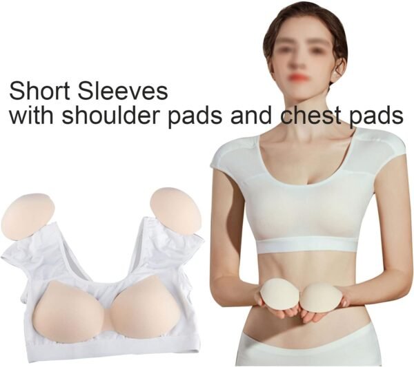 Women Training Gym Sportswear Tops Shirts 2 in 1 Built-in Shoulder Pad Running Fitness Workout Top T-Shirts,Beige-Large