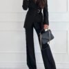 Elegant Office Pants Set, Belted Lapel Long Sleeve Slim Blazer & High Waist Straight Leg Loose Pants, Women's Clothing