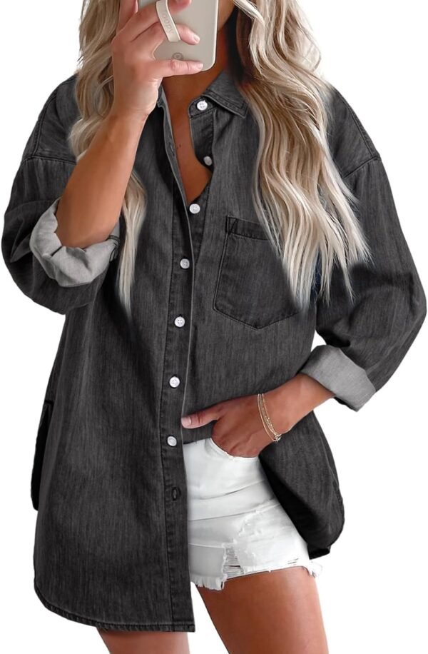 Astylish Women Denim Shirts Button Down Blouse Long Sleeve V Neck Casual Top