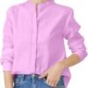 Women's Mandarin Collar Button-Down Shirts Casual Cotton Linen Long Sleeve Blouses