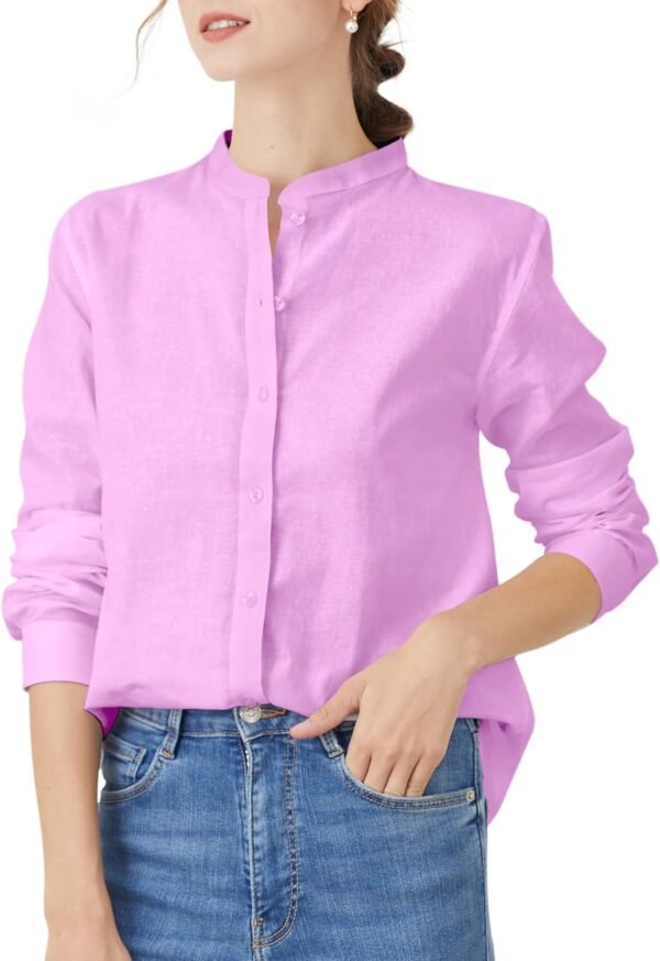 Women's Mandarin Collar Button-Down Shirts Casual Cotton Linen Long Sleeve Blouses