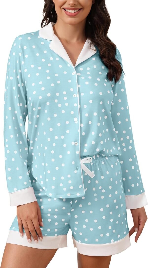 Button Down Pajamas Sets Women Two-Piece Satin Silk Pjs Sets Loungewear Long Sleeve Sleepwear Shorts Nightwear Sets