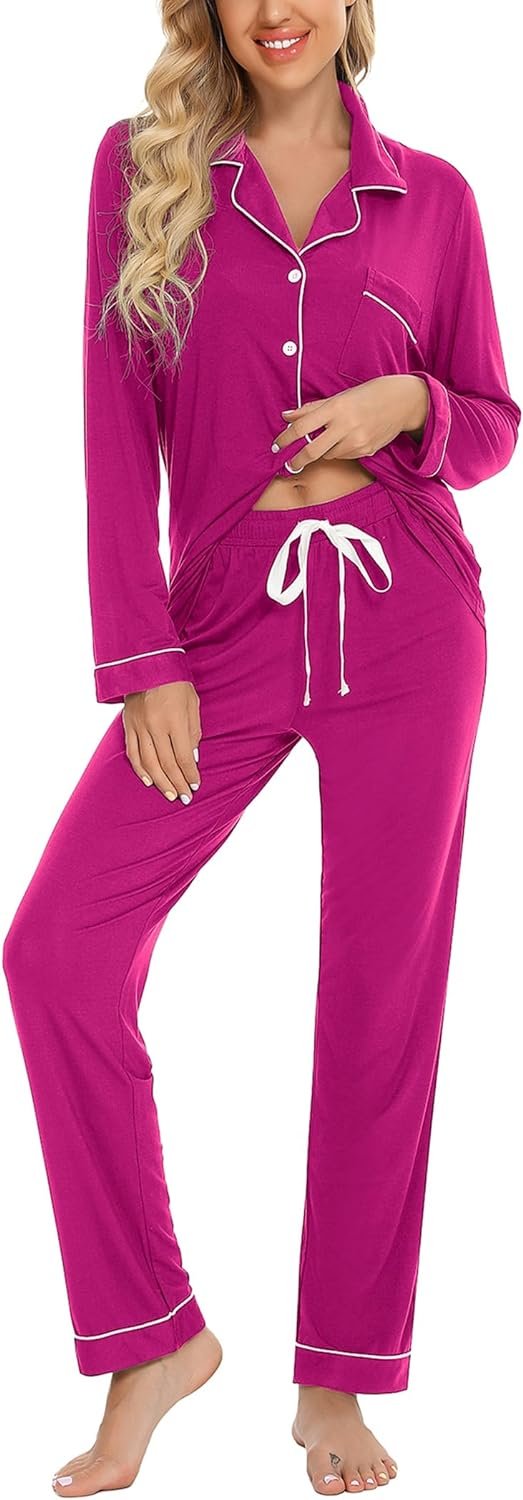 Pajamas Set Long Sleeve Womens Button Down Sleepwear Two Piece Nightwear Soft Pj Lounge Sets S-XXL