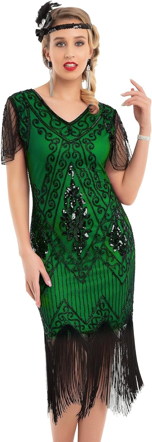 Women's 1920s Dress Sequin Art Deco Flapper Dress with Sleeve