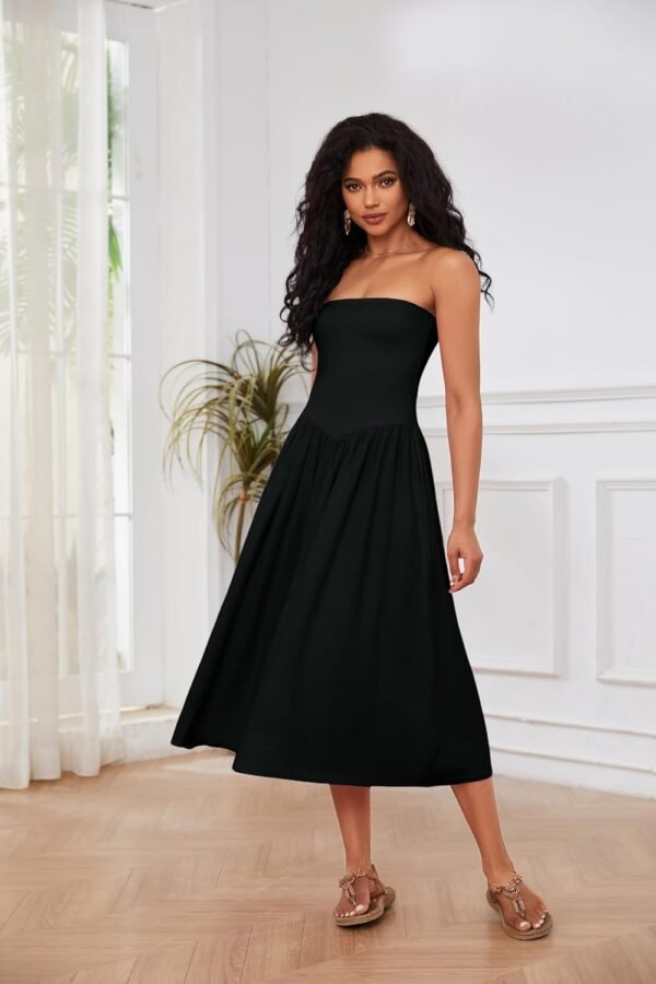 Women Off Shoulder Midi Dress Strapless Sleeveless Drop-Waist A Line Tube Dress Trendy Summer Swing Patchwork Dress