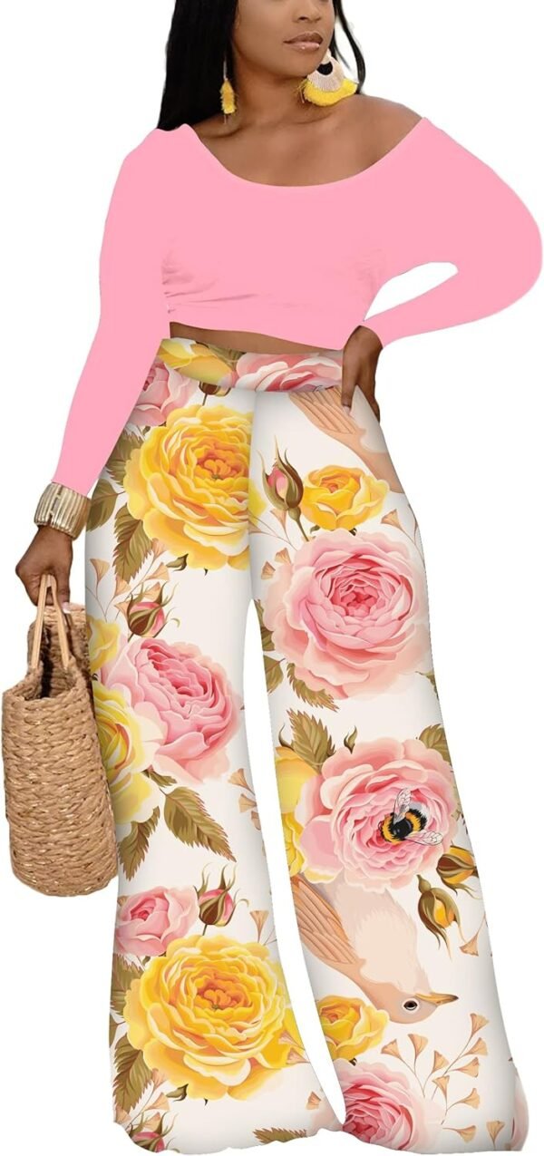 2 Piece Outfits for Women Casual Wide Leg Pants Set Outfits Sexy Front Crop Tops High Waist Jumpsuits Set
