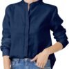 Women's Mandarin Collar Button-Down Shirts Casual Cotton Linen Long Sleeve Blouses