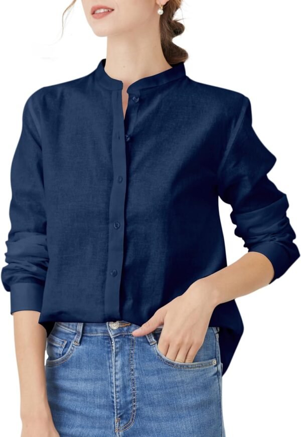 Women's Mandarin Collar Button-Down Shirts Casual Cotton Linen Long Sleeve Blouses