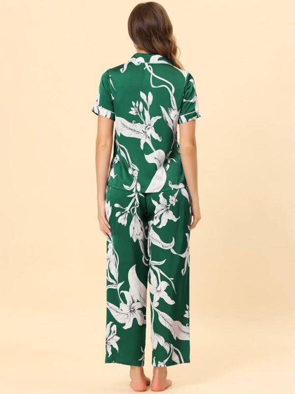 Womens Satin Floral Sleepwear Short Sleeves Button Down Tops with Pants Lounge Pajamas Sets