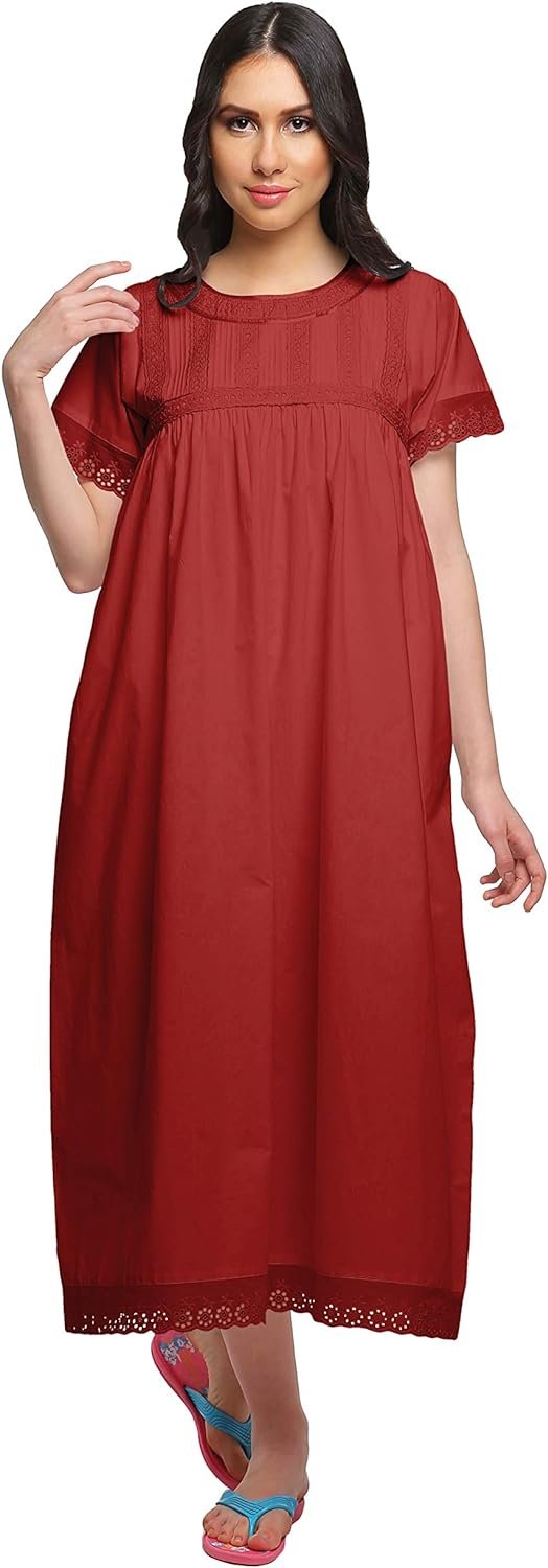 Lace Neckline Cotton Sleepwear For Ladies Womens Round Neck Nightdress