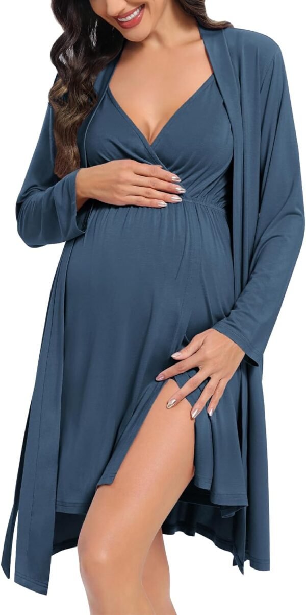 Womens Maternity Set Nursing Nightgown and Robe Set 3 in 1 Labor Delivery Nursing Gown Breastfeeding Robe Set