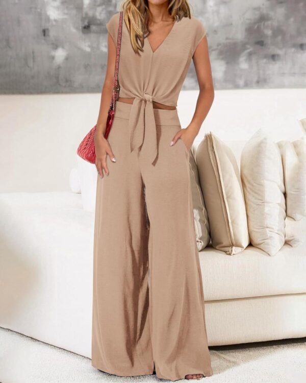 Women's Summer 2 Piece Outfits 2024 Cap Sleeve V Neck Belted Crop Tops Wide Leg Pant Sets Casual Tracksuit