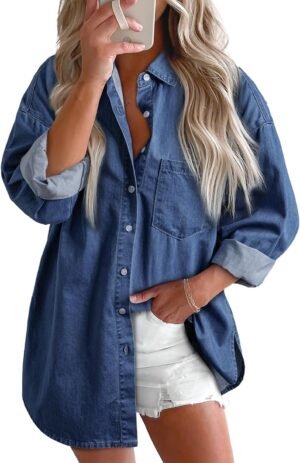 Astylish Women Denim Shirts Button Down Blouse Long Sleeve V Neck Casual Top